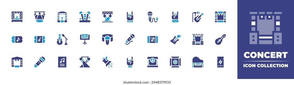 Concert icon collection. Duotone color. Vector illustration. Containing ticket, concert, musicstand, stage, spotlight, poster, spotlights, microphone, reggae, maloik, guitar, hand, electricguitar.