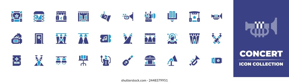 Concert icon collection. Duotone color. Vector illustration. Containing concert, spotlight, stage, trumpet, electricguitar, rock, stand, door, guitar, dj, spotlights, poster, ticket, musicstand.