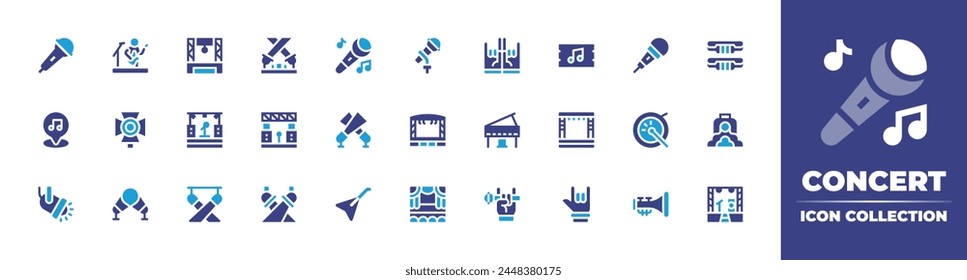 Concert icon collection. Duotone color. Vector illustration. Containing concert, mic, piano, music, rockandroll, trumpet, microphone, drum, spotlight, festival, ticket, spotlights, rock, lights.