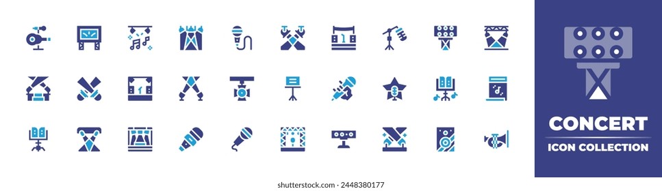 Concert icon collection. Duotone color. Vector illustration. Containing microphone, party, concert, spotlight, micstand, festival, loudspeaker, spotlights, lights, musicstand, stage, trumpet.