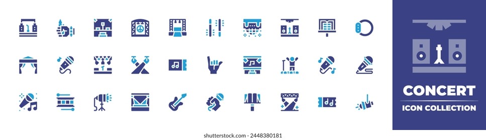 Concert icon collection. Duotone color. Vector illustration. Containing festival, stage, microphone, ticket, musicsheet, karaoke, event, electricguitar, concertticket, concert, spotlight, hand, drum.
