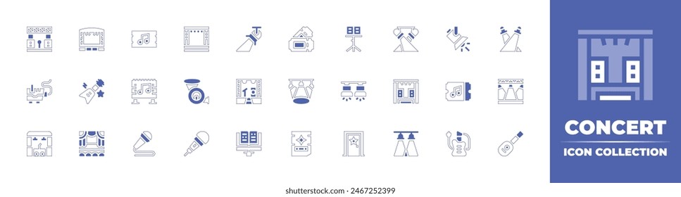Concert icon collection. Duotone style line stroke and bold. Vector illustration. Containing microphone, concert, electricguitar, spotlights, stage, spotlight, door, guitar, smokemachine, billboard.