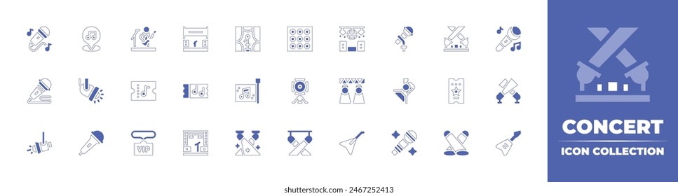 Concert icon collection. Duotone style line stroke and bold. Vector illustration. Containing mic, spotlight, rockandroll, ticket, stage, concertticket, concert, electricguitar, spotlights, microphone.