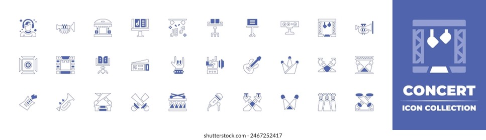 Concert icon collection. Duotone style line stroke and bold. Vector illustration. Containing spotlight, concert, trumpet, hand, rock, electricguitar, cinema, stage, spotlights, microphone, musicstand.