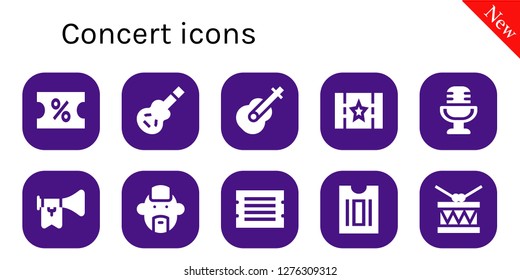  concert icon set. 10 filled concert icons. Simple modern icons about  - Coupon, Electric guitar, Guitar, Ticket, Microphone, Trumpet, Punk, Drum