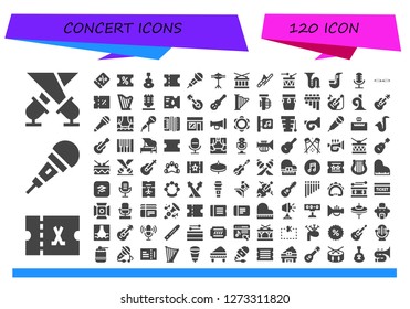  concert icon set. 120 filled concert icons. Simple modern icons about  - Spotlight, Ticket, Microphone, Coupon, Instrument, Cymbals, Drum, Trombone, Saxophone, Voice message