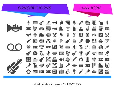 concert icon set. 120 filled concert icons.  Collection Of - Trumpet, Violin, Voice message, Microphone, Ticket, Guitar, Bagpipes, Flute, Piano, Xylophone, Banjo, Coupon, Harp