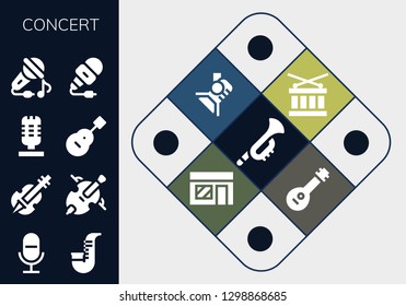  concert icon set. 13 filled concert icons. Simple modern icons about  - Trumpet, Microphone, Saxophone, Violin, Cello, Guitar, Sing, Drum, Spotlight, Music store, Mandolin