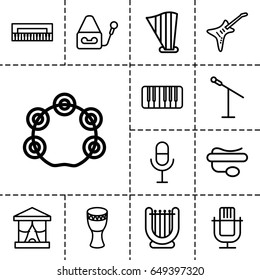 Concert icon. set of 13 outline concert icons such as microphone, pin microphone, piano, harp, guitar, tambourine, drum