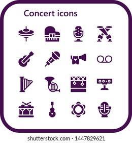 concert icon set. 16 filled concert icons.  Simple modern icons about  - Cymbals, Piano, Microphone, Spotlight, Guitar, Trumpet, Voice message, Harp, French horn, Stage, Drum