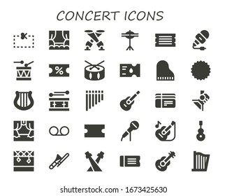 concert icon set. 30 filled concert icons. Included Coupon, Stage, Spotlight, Cymbals, Ticket, Microphone, Drum, Piano, Harp, Flute, Guitar, Tickets, Scene, Voice message icons