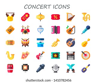 concert icon set. 30 flat concert icons.  Simple modern icons about  - spotlight, ticket, cymbals, harp, trombone, drum, microphone, accordion, guitar, trumpet, saxophone, tickets