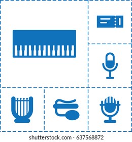 Concert icon. set of 6 concert filled icons such as ticket, microphone, pin microphone, piano