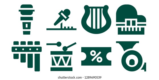  concert icon set. 8 filled concert icons. Simple modern icons about  - Flute, Microphone, Drum, Coupon, Harp, French horn, Piano