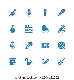 concert icon set. Collection of 16 filled concert icons included Violin, Karaoke, Saxophone, Ticket, Drum, Microphone, Piano, Lute, Mic, Trumpet