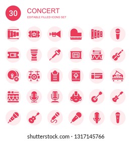 concert icon set. Collection of 30 filled concert icons included Xylophone, Ticket, Trumpet, Piano, Timpani, Microphone, Drum, Cymbals, Drum set, Guest list, Punk, Banjo, Violin