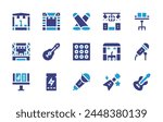 Concert icon set. Duotone color. Vector illustration. Containing disco, electricguitar, concert, ticket, spotlight, stagelights, guitar, stage, musicstand, microphone, festival.