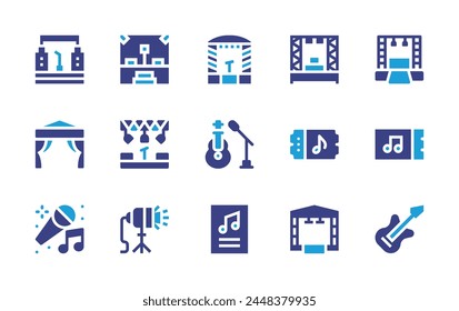 Concert icon set. Duotone color. Vector illustration. Containing festival, stage, ticket, karaoke, event, electricguitar, concert, poster, guitar, spotlight.