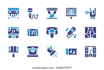 Concert icon set. Duotone color. Vector illustration. Containing microphone, musicsheet, spotlight, concertticket, concert, ticket, rock, stage, musicstand.