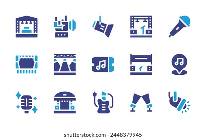 Concert icon set. Duotone color. Vector illustration. Containing spotlight, stage, mic, concert, music, sing, electricguitar, theater, rock, spotlights.