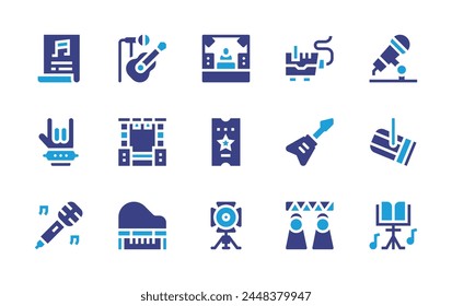 Concert icon set. Duotone color. Vector illustration. Containing spotlight, concert, ticket, stage, poster, electricguitar, microphone, rock, musicstand, smokemachine.