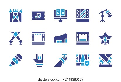 Concert icon set. Duotone color. Vector illustration. Containing venue, concert, spotlight, micstand, ticket, microphone, rock, lights, musicsheet, stage, event.