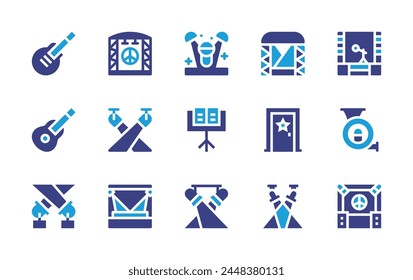 Concert icon set. Duotone color. Vector illustration. Containing musicstand, spotlight, concert, guitar, rockandroll, frenchhorn, door, stage, tomorrowland, spotlights.