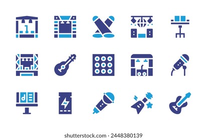 Concert icon set. Duotone color. Vector illustration. Containing disco, electricguitar, concert, ticket, spotlight, stagelights, guitar, stage, musicstand, microphone, festival.