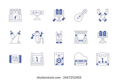 Concert icon set. Duotone style line stroke and bold. Vector illustration. Containing stage, concert, ticket, spotlight, guitar, loudspeaker, microphone, musicstand, rock.