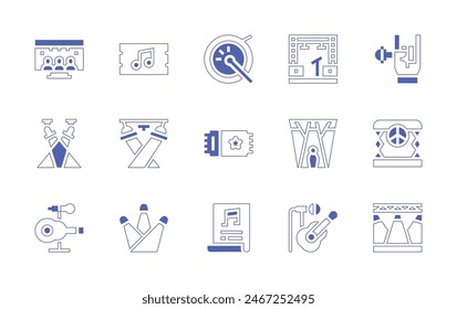 Concert icon set. Duotone style line stroke and bold. Vector illustration. Containing concert, spotlight, livestreaming, drum, stage, poster, ticket, rock, spotlights, music.