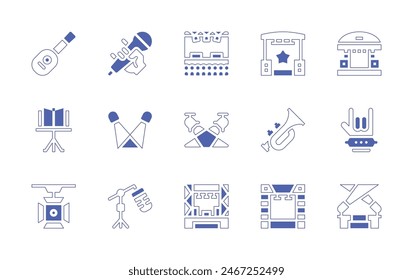 Concert icon set. Duotone style line stroke and bold. Vector illustration. Containing stage, microphone, spotlight, micstand, trumpet, festival, guitar, rock, musicstand.