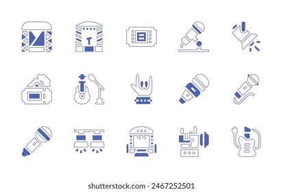 Concert icon set. Duotone style line stroke and bold. Vector illustration. Containing concert, stage, spotlight, microphone, electricguitar, hand, rock, reggae, entry, guitar, spotlights.