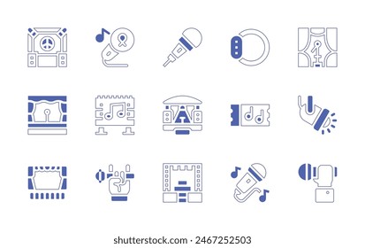 Concert icon set. Duotone style line stroke and bold. Vector illustration. Containing microphone, charity, spotlight, concertticket, concert, stage, theater, rock, audio, bracelet, billboard.