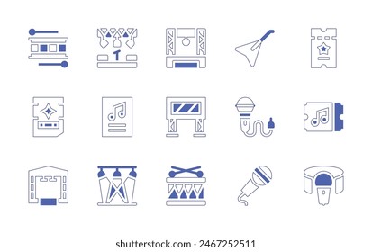 Concert icon set. Duotone style line stroke and bold. Vector illustration. Containing spotlight, concert, rockandroll, stage, ticket, poster, drum, bigscreen, microphone.