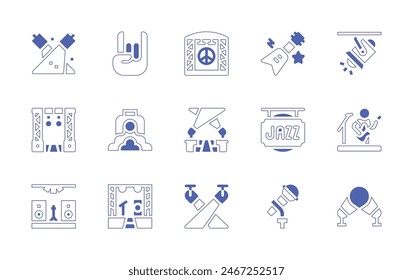Concert icon set. Duotone style line stroke and bold. Vector illustration. Containing electricguitar, rock, concert, spotlight, stagelights, jazz, festival, stage, lights, smokemachine, microphone.