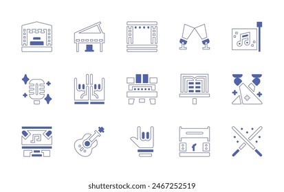 Concert icon set. Duotone style line stroke and bold. Vector illustration. Containing stage, musicsheet, piano, concert, sing, spotlight, spotlights, guitar, rock, lightstick, flag.