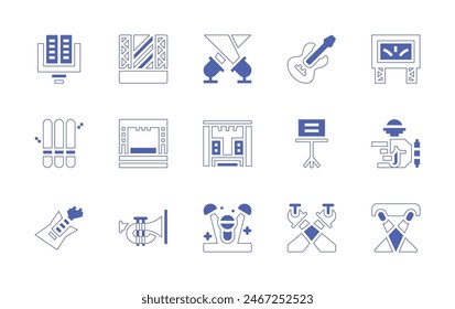 Concert icon set. Duotone style line stroke and bold. Vector illustration. Containing spotlight, concert, electricguitar, microphone, spotlights, stage, musicstand, trumpet, bigscreen, lightstick.