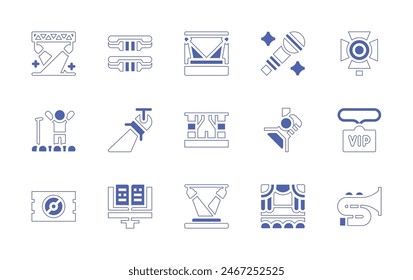 Conjunto de iconos de concierto. Trazo de línea de estilo duotono y negrita. Ilustración vectorial. Conteniendo iluminación, escenario, concierto, foco, festival, trombón, entrada, luz, micrófono, partitura, pulseras.