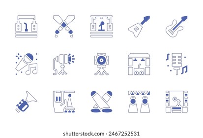 Concert icon set. Duotone style line stroke and bold. Vector illustration. Containing festival, concert, trumpet, spotlight, karaoke, electricguitar, lights, tomorrowland, microphone.