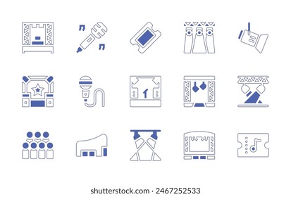 Conjunto de iconos de concierto. Trazo de línea de estilo duotono y negrita. Ilustración vectorial. Contiene foco, entrada, lugar, escenario, luces, concierto, fanclub, micrófono.