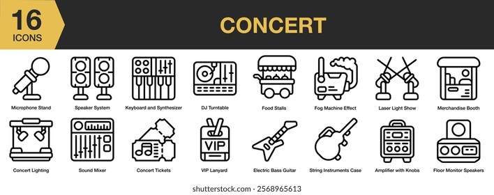 Concert icon set. Includes concert, event, entertainment, music, stage, light, show, and More. Outline icons vector collection.