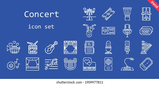 concert icon set. line icon style. concert related icons such as note, tickets, ticket, harp, runway, drum, saxophone, guitar, voice recorder, lyre, piano, romantic music, stage, trumpet, drums