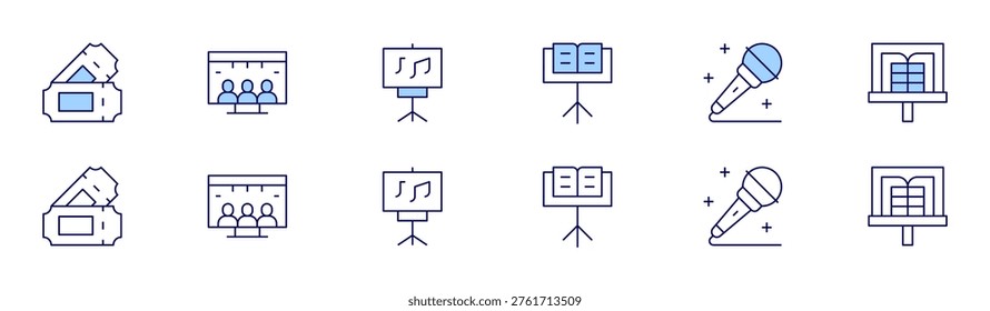 Concert icon set in two styles, Duotone and Thin Line style. Editable stroke. concert, music, microphone, musicstand, livestreaming, musicsheet.