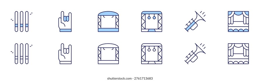 Concert icon set in two styles, Duotone and Thin Line style. Editable stroke. stage, rockandroll, trumpet, lightstick.