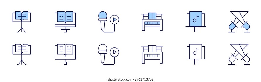 Concert icon set in two styles, Duotone and Thin Line style. Editable stroke. musicstand, piano, spotlight, musicsheet, sing.