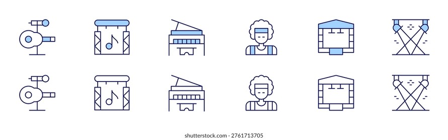 Concert icon set in two styles, Duotone and Thin Line style. Editable stroke. music, piano, stage, spotlight, musicfestival, rocker.