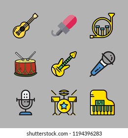 concert icon set. vector set about electric guitar, piano, drum set and french horn icons set.