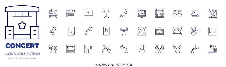 Concert icons collection. Thin Line icons, editable stroke. microphone, piano, poster, spotlight, spotlights, stage, rock, musicstand, ticket, stadium, sing.