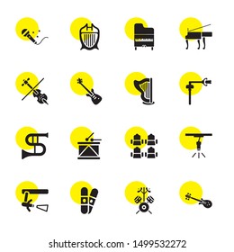 concert icons. Editable 16 concert icons. Included icons such as Bass Guitar, Drum Set, Band, Spotlight, Cinema seats, Drum, Trombone, Studio Mic. concert trendy icons for web.