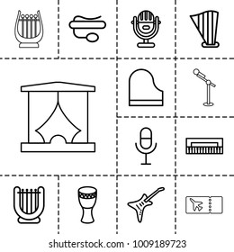 Concert icons. set of 13 editable outline concert icons such as piano, harp, microphone, pin microphone, guitar, drum, ticket